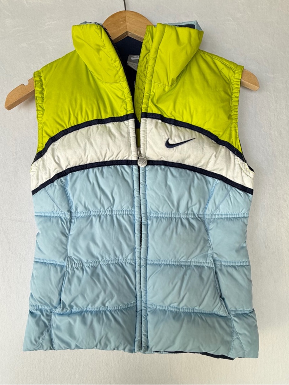 Nike Kids Y2K Colorblock Puffer Vest in Lime, Light Blue, and White